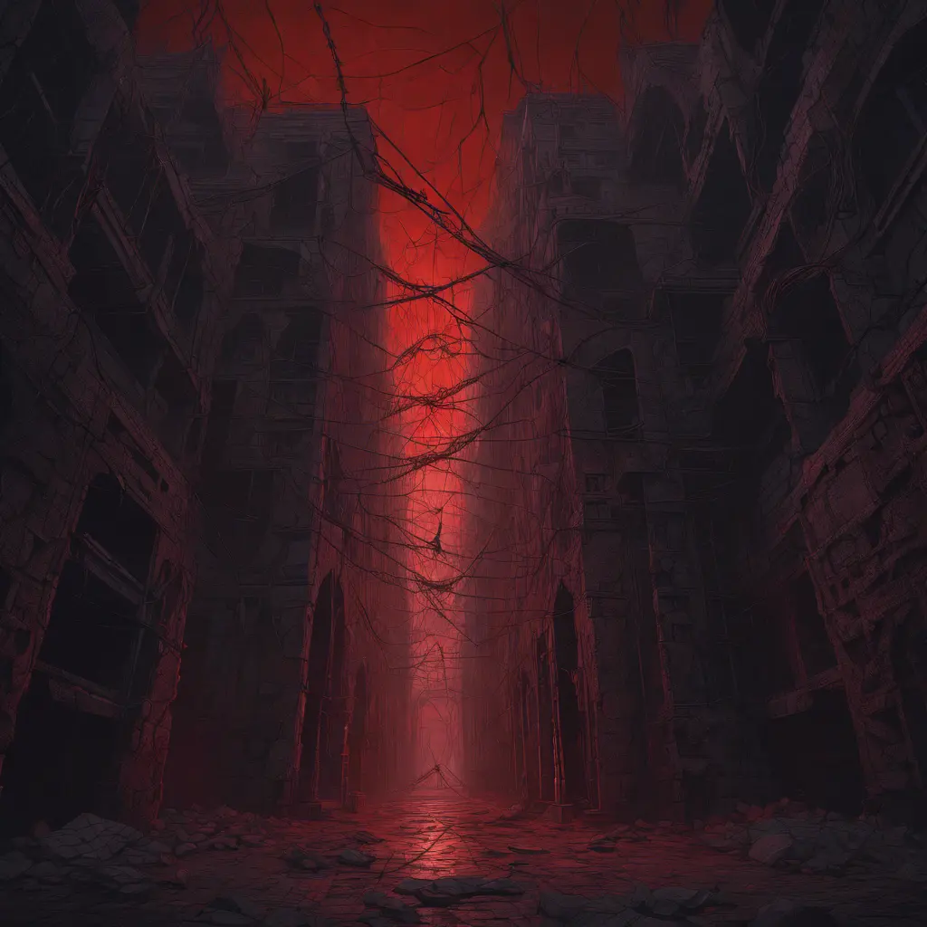 Detailed illustration of dark dungeon, dystopian texture architecture, blood walls, spiders, and cobwebs, 8k, Hyper Detailed, Trending on Artstation, Epic, Deviantart, Beautifully Lit by Alena Aenami