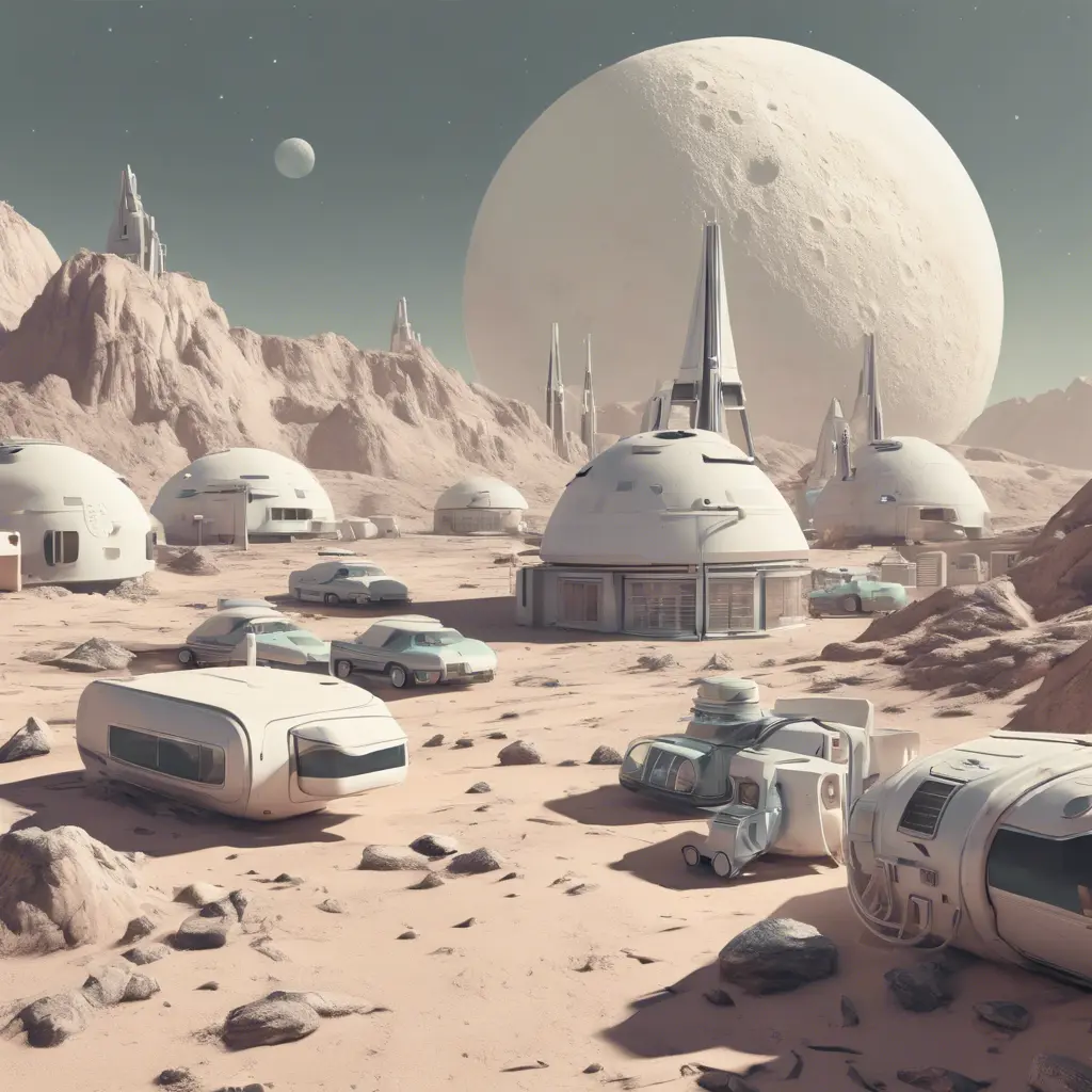 Beautiful award winning 1950s simple flat 3D art of a moon base, pale colors, perfect focus, neutral white background, Epic, Retro-Futurism, Wide-angle lens, Maximalism by Greg Rutkowski