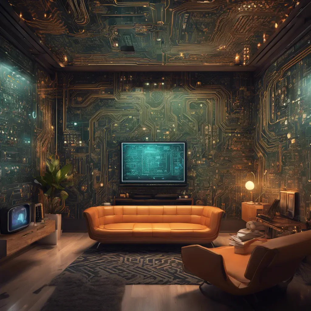 Imagine a modern and technology-inspired living room with a unique twist. The centerpiece of the room is a striking circuit board interior wallpaper that covers one wall. The wallpaper features intricate circuit board diagrams, electronic symbols, and vibrant metallic tones, Vintage Illustration, Retro-Futurism, Sci-Fi by Stanley Artgerm Lau