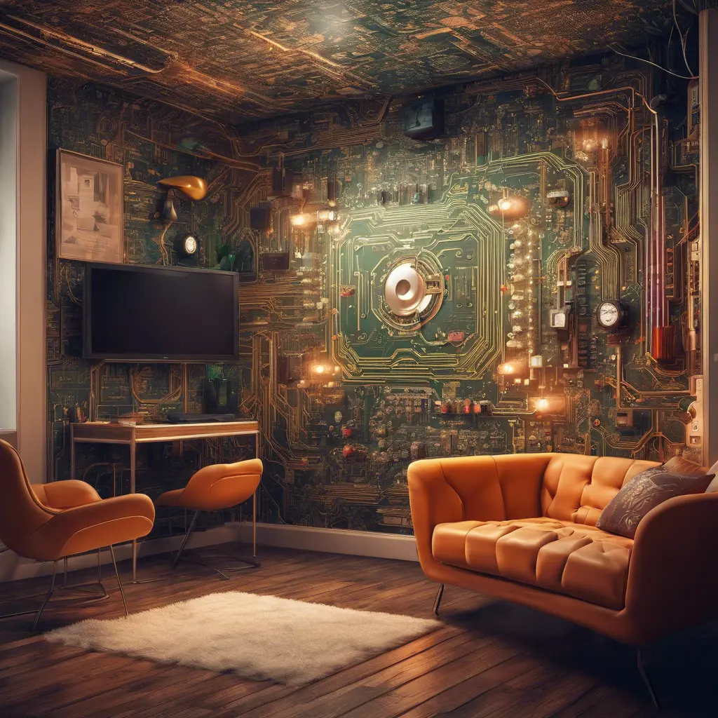 Imagine a modern and technology-inspired living room with a unique twist. The centerpiece of the room is a striking circuit board interior wallpaper that covers one wall. The wallpaper features intricate circuit board diagrams, electronic symbols, and vibrant metallic tones, Vintage Illustration, Retro-Futurism, Sci-Fi by Stefan Kostic