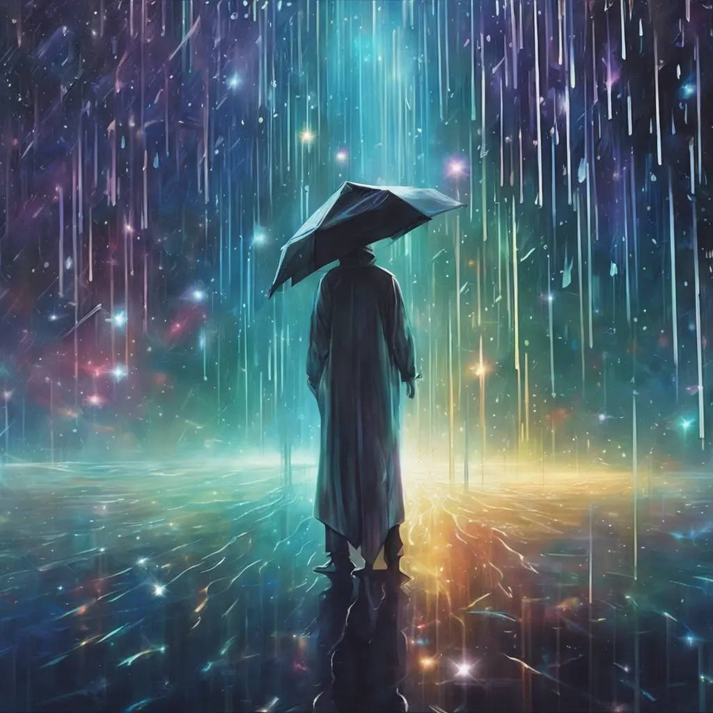 Abstract magical rain, universe, stars, Iridescence, Volumetric Lighting by Stanley Artgerm Lau