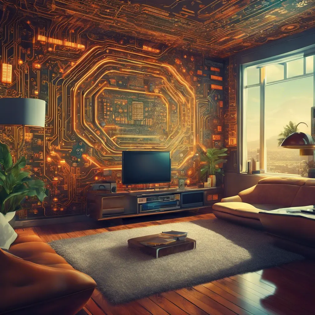 Imagine a modern and technology-inspired living room with a unique twist. The centerpiece of the room is a striking circuit board interior wallpaper that covers one wall. The wallpaper features intricate circuit board diagrams, electronic symbols, and vibrant metallic tones, Vintage Illustration, Retro-Futurism, Sci-Fi by Greg Rutkowski