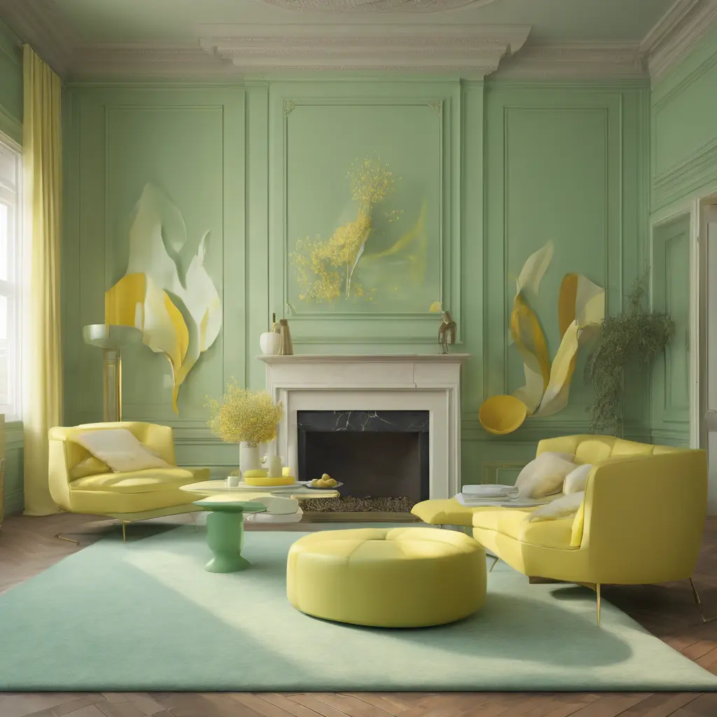 Muted tones of pastel green and yellow interior design, evoking a sense of calmness, endless muse, Digital Art, 3D art, Elegant by Greg Rutkowski