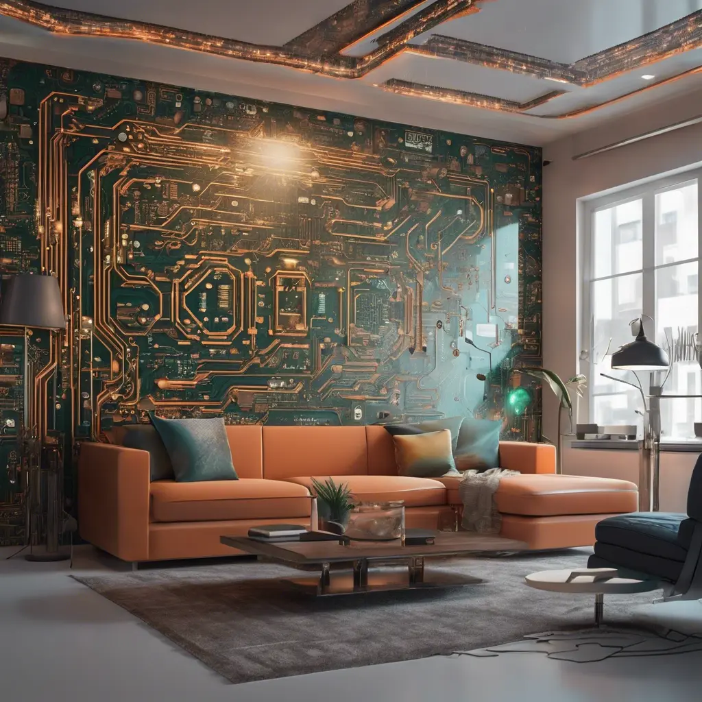 Imagine a modern and technology-inspired living room with a unique twist. The centerpiece of the room is a striking circuit board interior wallpaper that covers one wall. The wallpaper features intricate circuit board diagrams, electronic symbols, and vibrant metallic tones, Vintage Illustration, Retro-Futurism, Sci-Fi by WLOP