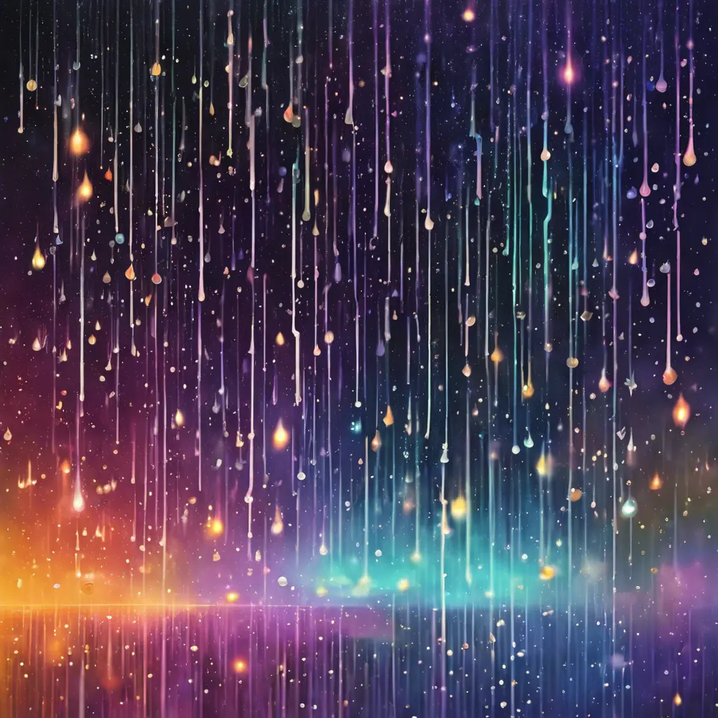 Abstract magical rain, universe, stars, Iridescence, Volumetric Lighting by Greg Rutkowski