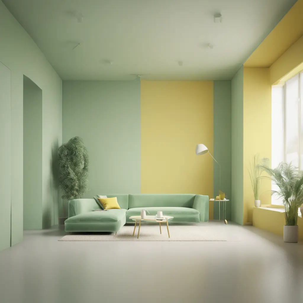 Muted tones of pastel green and yellow interior design, evoking a sense of calmness, endless muse, Minimalism, Digital Art, 3D art, Elegant by Stefan Kostic