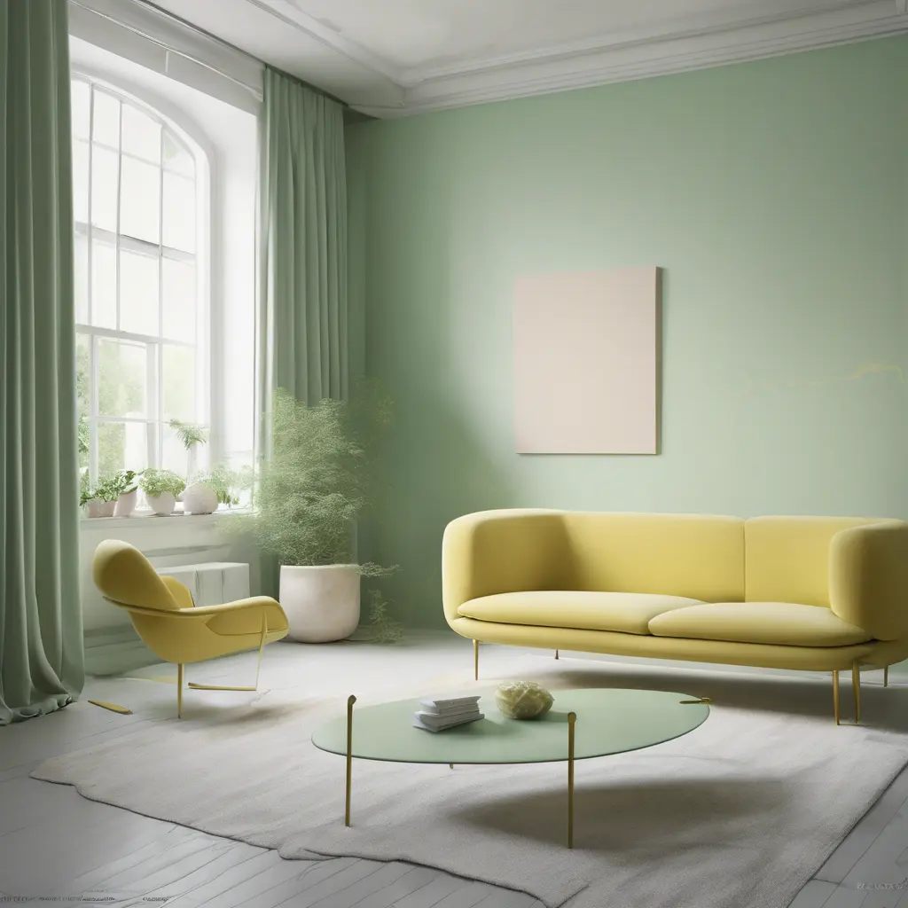 Muted tones of pastel green and yellow interior design, evoking a sense of calmness, endless muse, Minimalism, Digital Art, 3D art, Elegant by Stefan Kostic