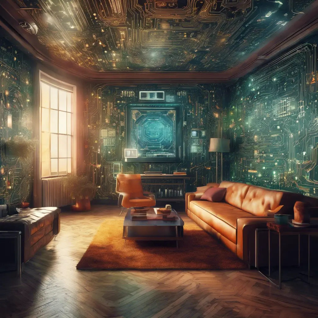 Imagine a modern and technology-inspired living room with a unique twist. The centerpiece of the room is a striking circuit board interior wallpaper that covers one wall. The wallpaper features intricate circuit board diagrams, electronic symbols, and vibrant metallic tones, Vintage Illustration, Retro-Futurism, Sci-Fi by Stefan Kostic