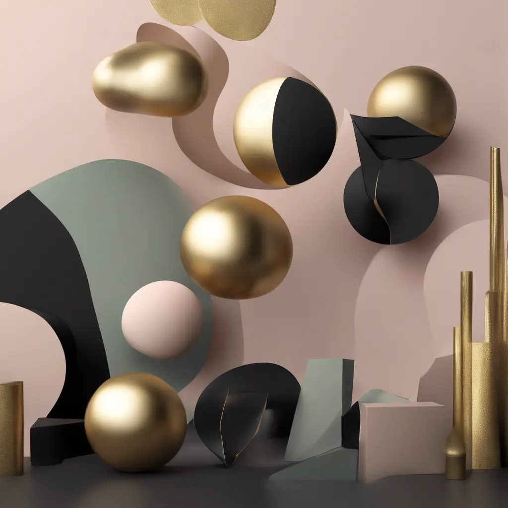 Muted tones of pastel black and gold, evoking a sense of calmness, endless muse, Minimalism, Digital Art, 3D art, Elegant