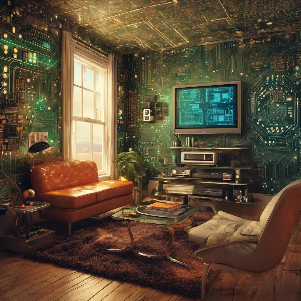 Imagine a modern and technology-inspired living room with a unique twist. The centerpiece of the room is a striking circuit board interior wallpaper that covers one wall. The wallpaper features intricate circuit board diagrams, electronic symbols, and vibrant metallic tones, Vintage Illustration, Retro-Futurism, Sci-Fi by Greg Rutkowski