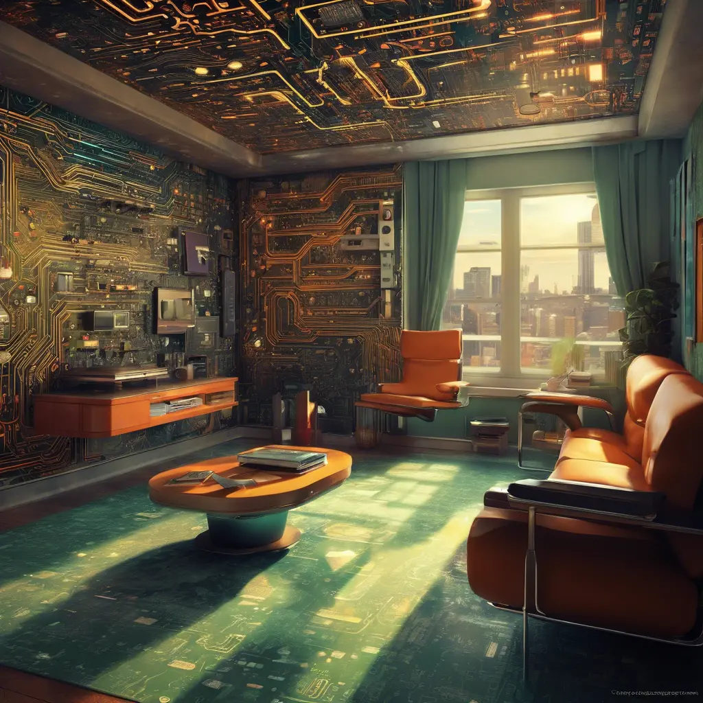 Imagine a modern and technology-inspired living room with a unique twist. The centerpiece of the room is a striking circuit board interior wallpaper that covers one wall. The wallpaper features intricate circuit board diagrams, electronic symbols, and vibrant metallic tones, Vintage Illustration, Retro-Futurism, Sci-Fi by Greg Rutkowski