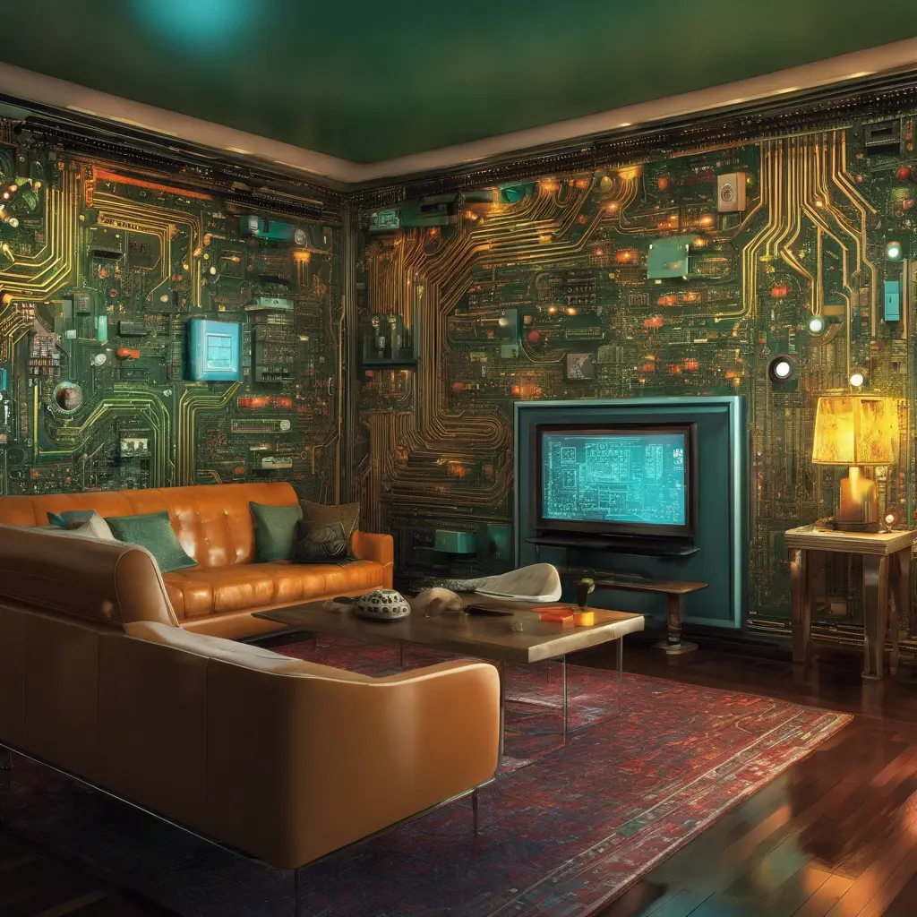 Imagine a modern and technology-inspired living room with a unique twist. The centerpiece of the room is a striking circuit board interior wallpaper that covers one wall. The wallpaper features intricate circuit board diagrams, electronic symbols, and vibrant metallic tones, Vintage Illustration, Retro-Futurism, Sci-Fi by Greg Rutkowski