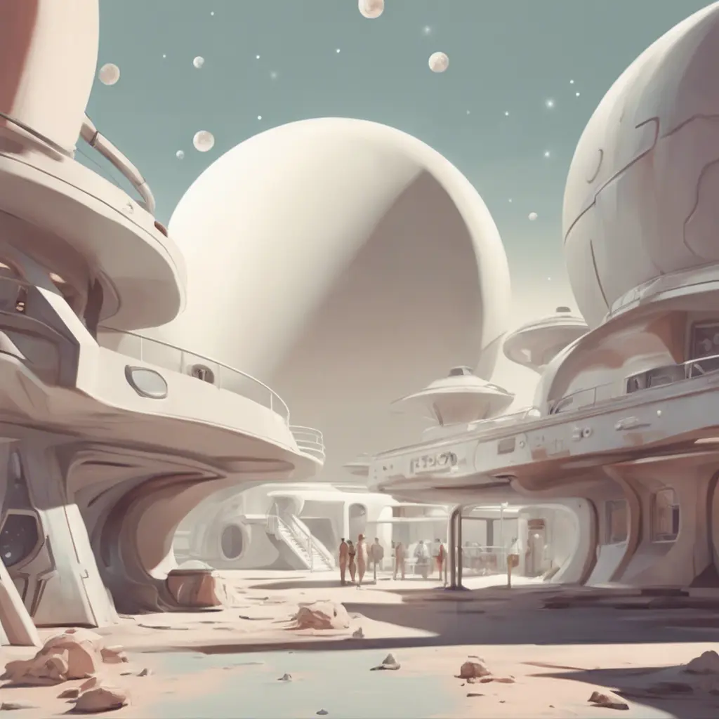 Beautiful award winning 1950s simple flat 3D art of a moon base, pale colors, perfect focus, neutral white background, Epic, Retro-Futurism, Wide-angle lens, Maximalism by Stanley Artgerm Lau