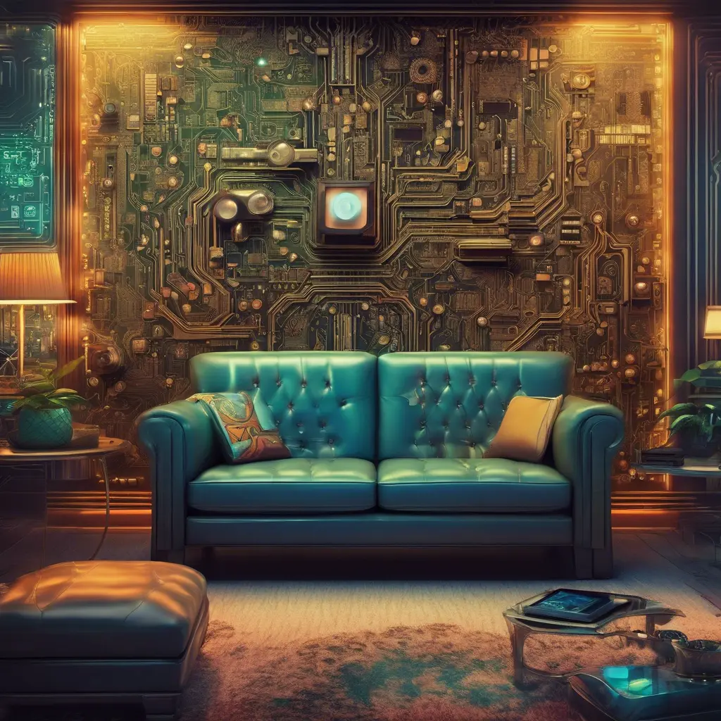 Imagine a modern and technology-inspired living room with a unique twist. The centerpiece of the room is a striking circuit board interior wallpaper that covers one wall. The wallpaper features intricate circuit board diagrams, electronic symbols, and vibrant metallic tones, Vintage Illustration, Retro-Futurism, Sci-Fi by Greg Rutkowski