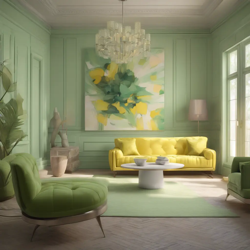 Muted tones of pastel green and yellow interior design, evoking a sense of calmness, endless muse, Digital Art, 3D art, Elegant by Greg Rutkowski