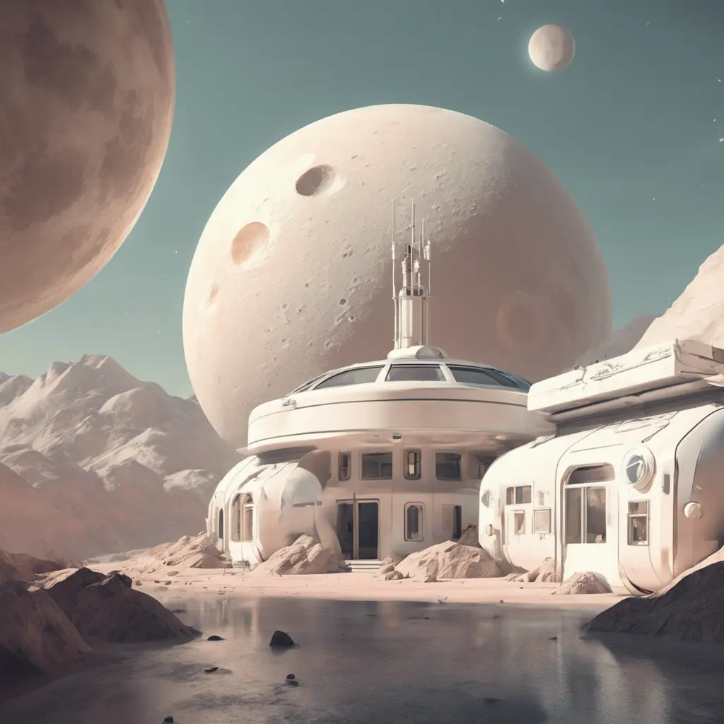 Beautiful award winning 1950s simple flat 3D art of a moon base, pale colors, perfect focus, neutral white background, Epic, Retro-Futurism, Wide-angle lens, Maximalism by WLOP