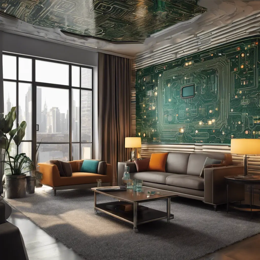 Imagine a modern and technology-inspired living room with a unique twist. The centerpiece of the room is a striking circuit board interior wallpaper that covers one wall. The wallpaper features intricate circuit board diagrams, electronic symbols, and vibrant metallic tones, Vintage Illustration, Retro-Futurism, Sci-Fi