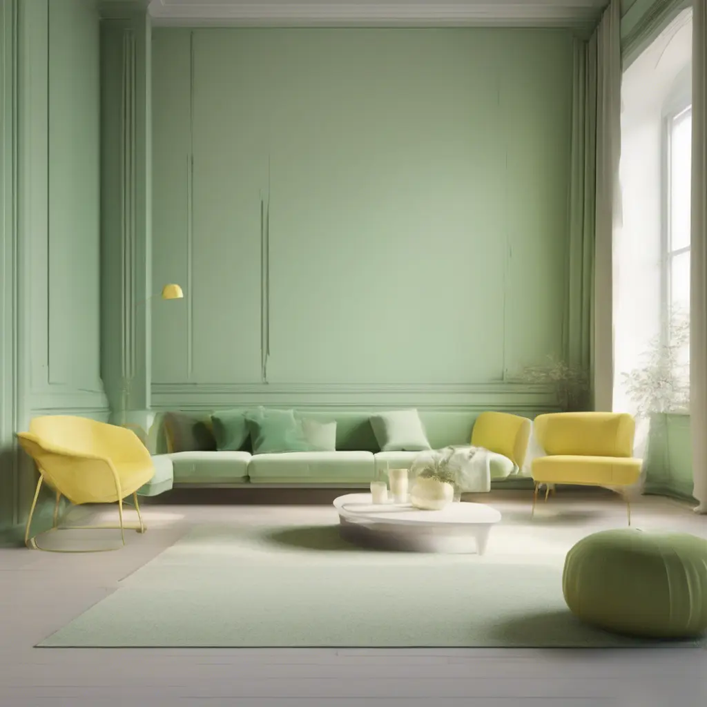 Muted tones of pastel green and yellow interior design, evoking a sense of calmness, endless muse, Minimalism, Digital Art, 3D art, Elegant by Stefan Kostic