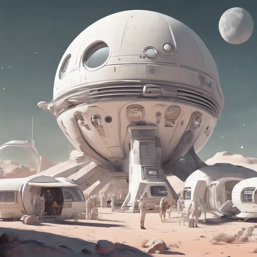 Beautiful award winning 1950s simple flat 3D art of a moon base, pale colors, perfect focus, neutral white background, Epic, Retro-Futurism, Wide-angle lens, Maximalism by Stanley Artgerm Lau