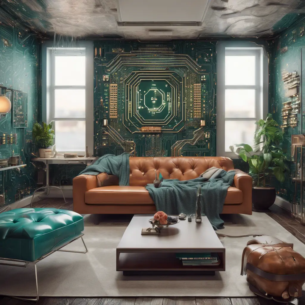 Imagine a modern and technology-inspired living room with a unique twist. The centerpiece of the room is a striking circuit board interior wallpaper that covers one wall. The wallpaper features intricate circuit board diagrams, electronic symbols, and vibrant metallic tones, Vintage Illustration, Retro-Futurism, Sci-Fi by WLOP