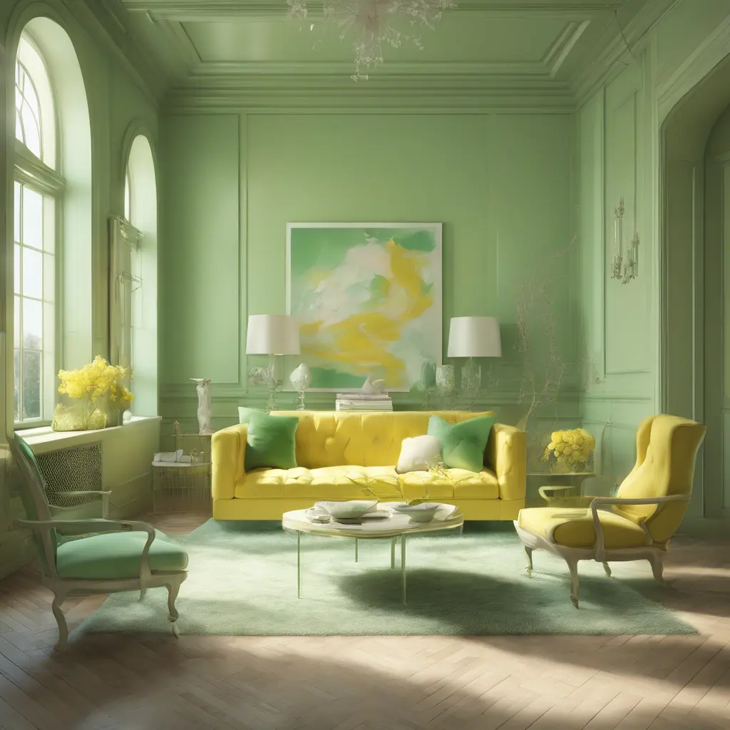 Muted tones of pastel green and yellow interior design, evoking a sense of calmness, endless muse, Digital Art, 3D art, Elegant by Greg Rutkowski