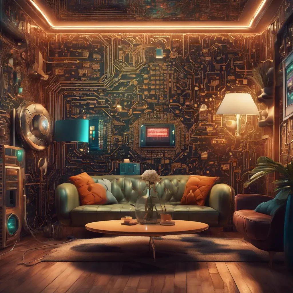 Imagine a modern and technology-inspired living room with a unique twist. The centerpiece of the room is a striking circuit board interior wallpaper that covers one wall. The wallpaper features intricate circuit board diagrams, electronic symbols, and vibrant metallic tones, Vintage Illustration, Retro-Futurism, Sci-Fi by Stefan Kostic