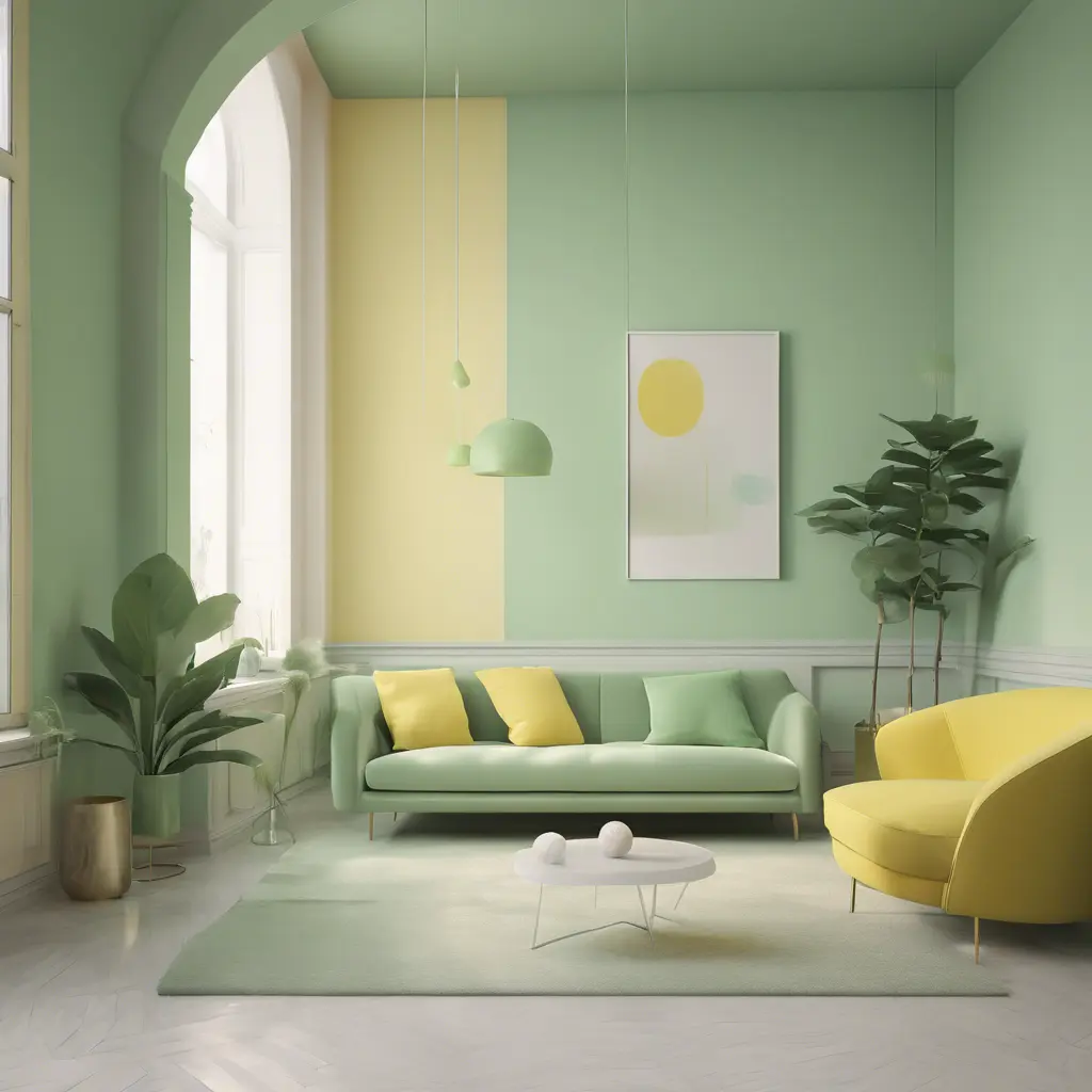 Muted tones of pastel green and yellow interior design, evoking a sense of calmness, endless muse, Minimalism, Digital Art, 3D art, Elegant by Stefan Kostic