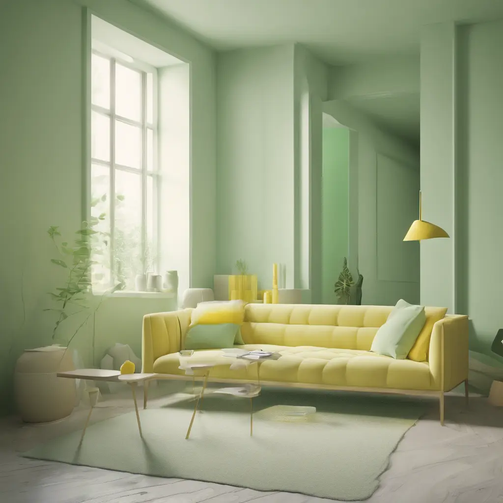 Muted tones of pastel green and yellow interior design, evoking a sense of calmness, endless muse, Minimalism, Digital Art, 3D art, Elegant by Stefan Kostic