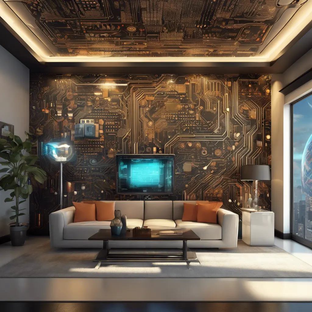 Imagine a modern and technology-inspired living room with a unique twist. The centerpiece of the room is a striking circuit board interior wallpaper that covers one wall. The wallpaper features intricate circuit board diagrams, electronic symbols, and vibrant metallic tones, Vintage Illustration, Retro-Futurism, Sci-Fi by Stanley Artgerm Lau