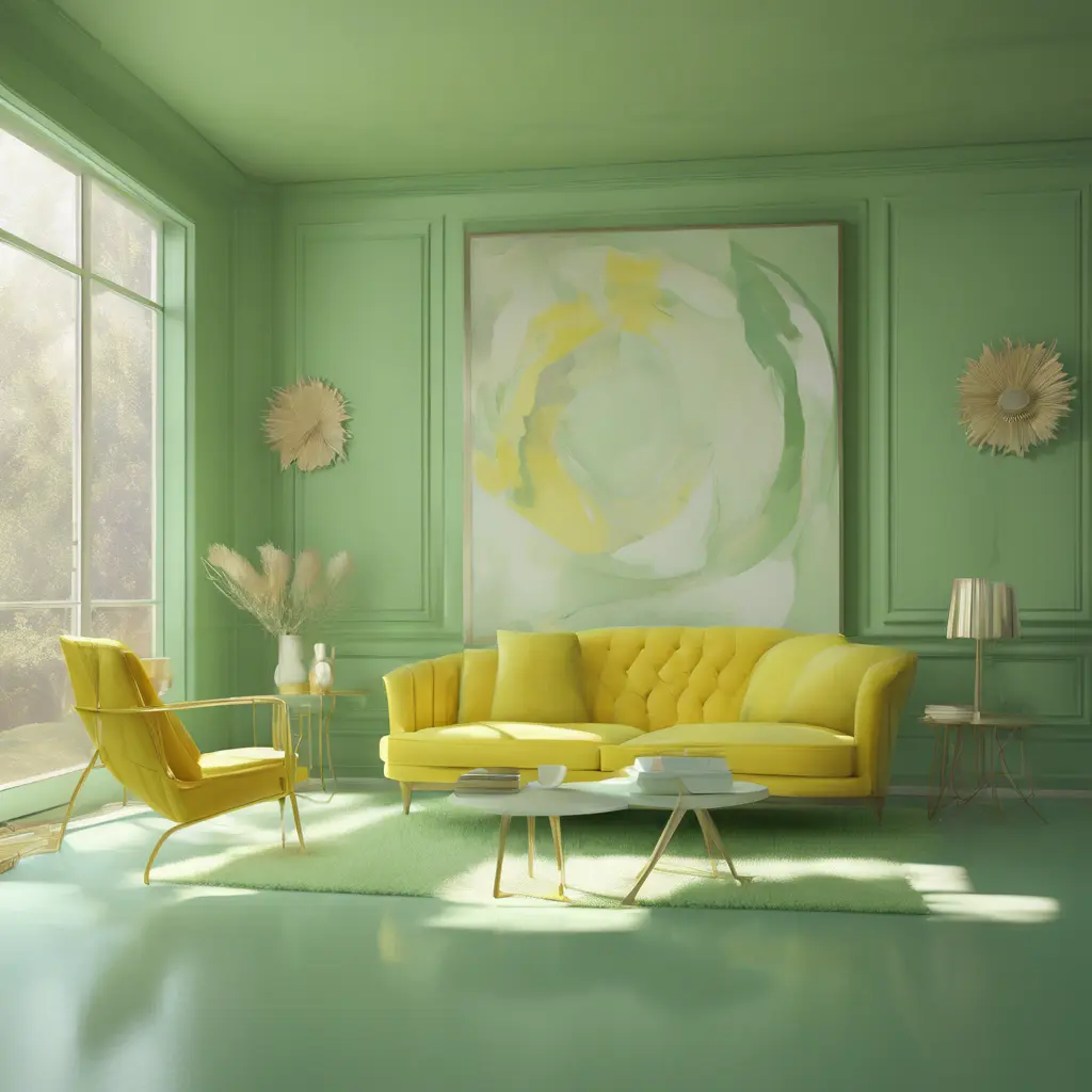 Muted tones of pastel green and yellow interior design, evoking a sense of calmness, endless muse, Digital Art, 3D art, Elegant by Greg Rutkowski