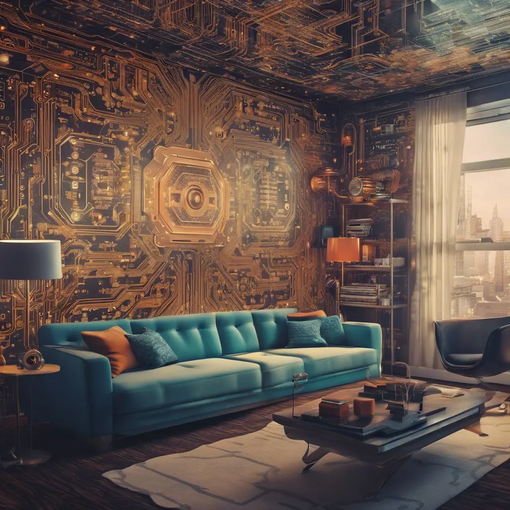 Imagine a modern and technology-inspired living room with a unique twist. The centerpiece of the room is a striking circuit board interior wallpaper that covers one wall. The wallpaper features intricate circuit board diagrams, electronic symbols, and vibrant metallic tones, Vintage Illustration, Retro-Futurism, Sci-Fi