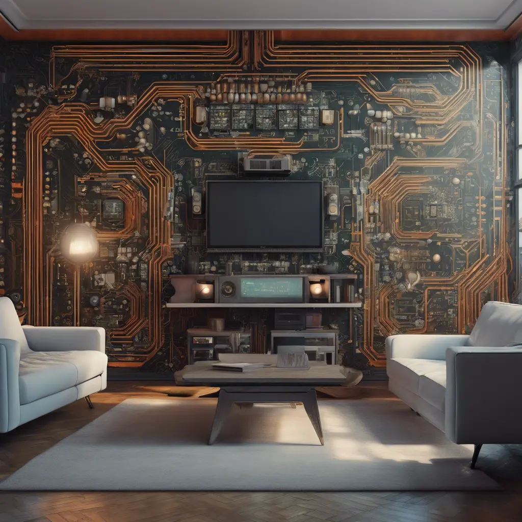 Imagine a modern and technology-inspired living room with a unique twist. The centerpiece of the room is a striking circuit board interior wallpaper that covers one wall. The wallpaper features intricate circuit board diagrams, electronic symbols, and vibrant metallic tones, Vintage Illustration, Retro-Futurism, Sci-Fi by WLOP