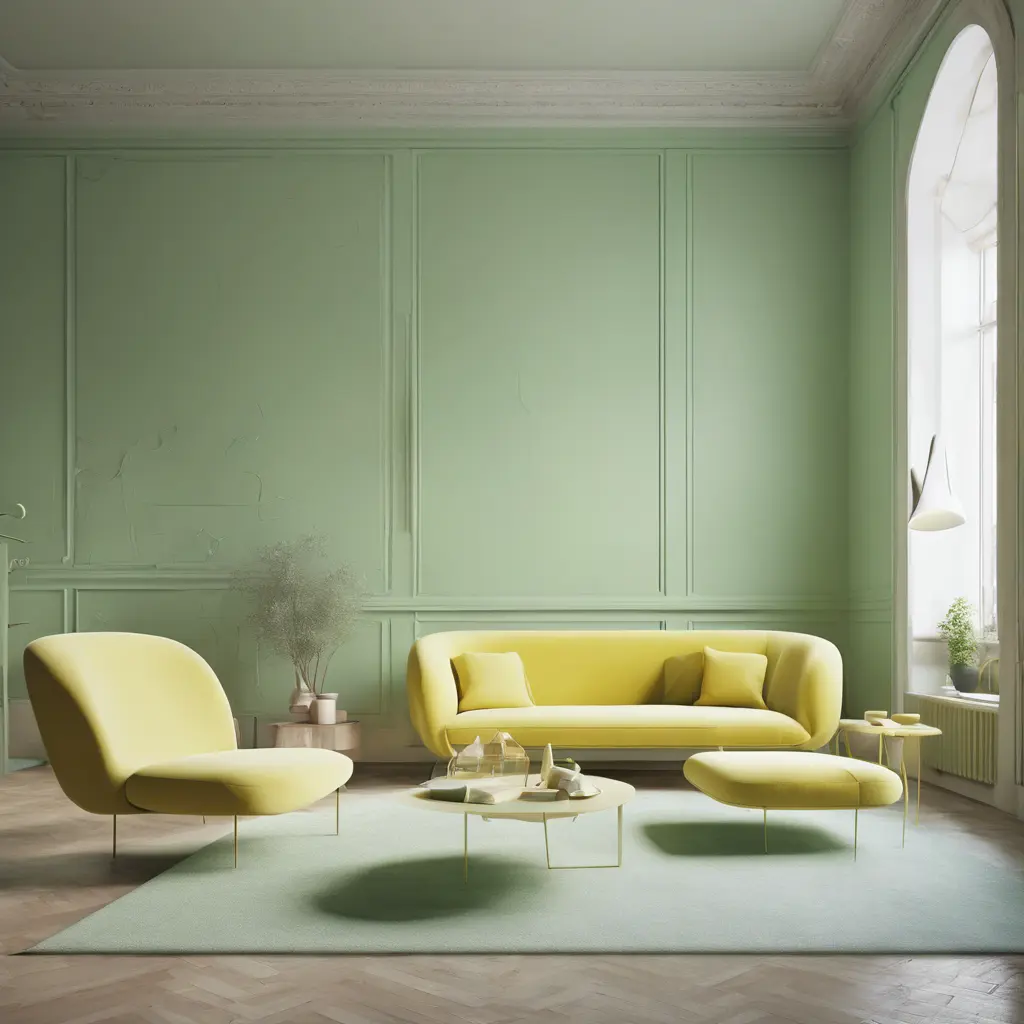 Muted tones of pastel green and yellow interior design, evoking a sense of calmness, endless muse, Minimalism, Digital Art, 3D art, Elegant by Stefan Kostic