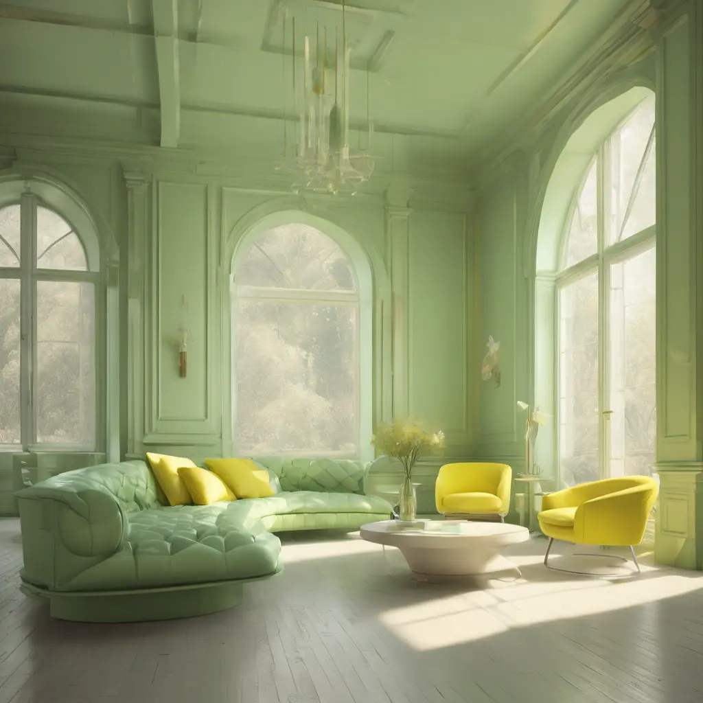 Muted tones of pastel green and yellow interior design, evoking a sense of calmness, endless muse, Digital Art, 3D art, Elegant by Greg Rutkowski