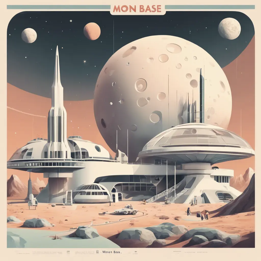 Beautiful award winning 1950s simple flat 3D art editorial infographics of a moon base, pale colors, perfect focus, neutral white background, Epic, Retro-Futurism, Wide-angle lens, Maximalism