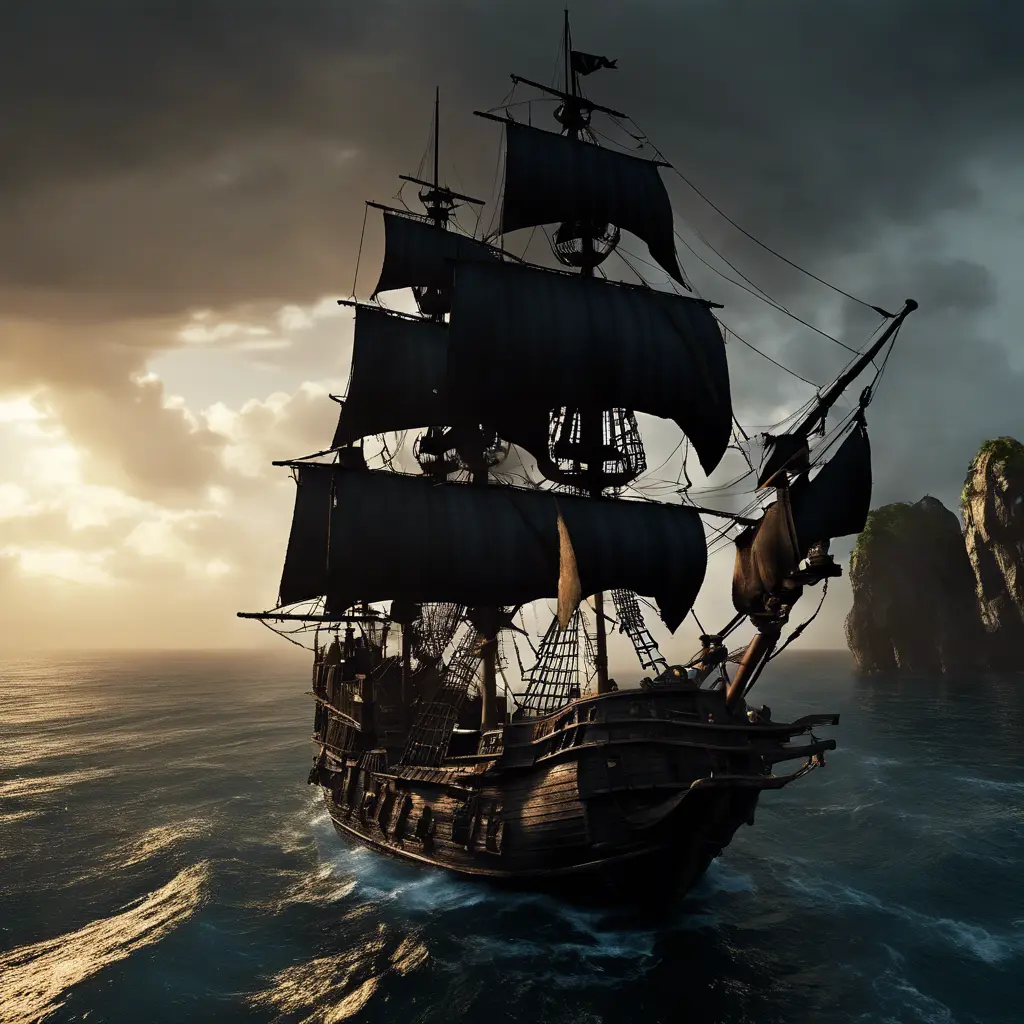 The pirates of Caribbean on the Black pearl pirate ship, 4k, Volumetric Lighting, Dark