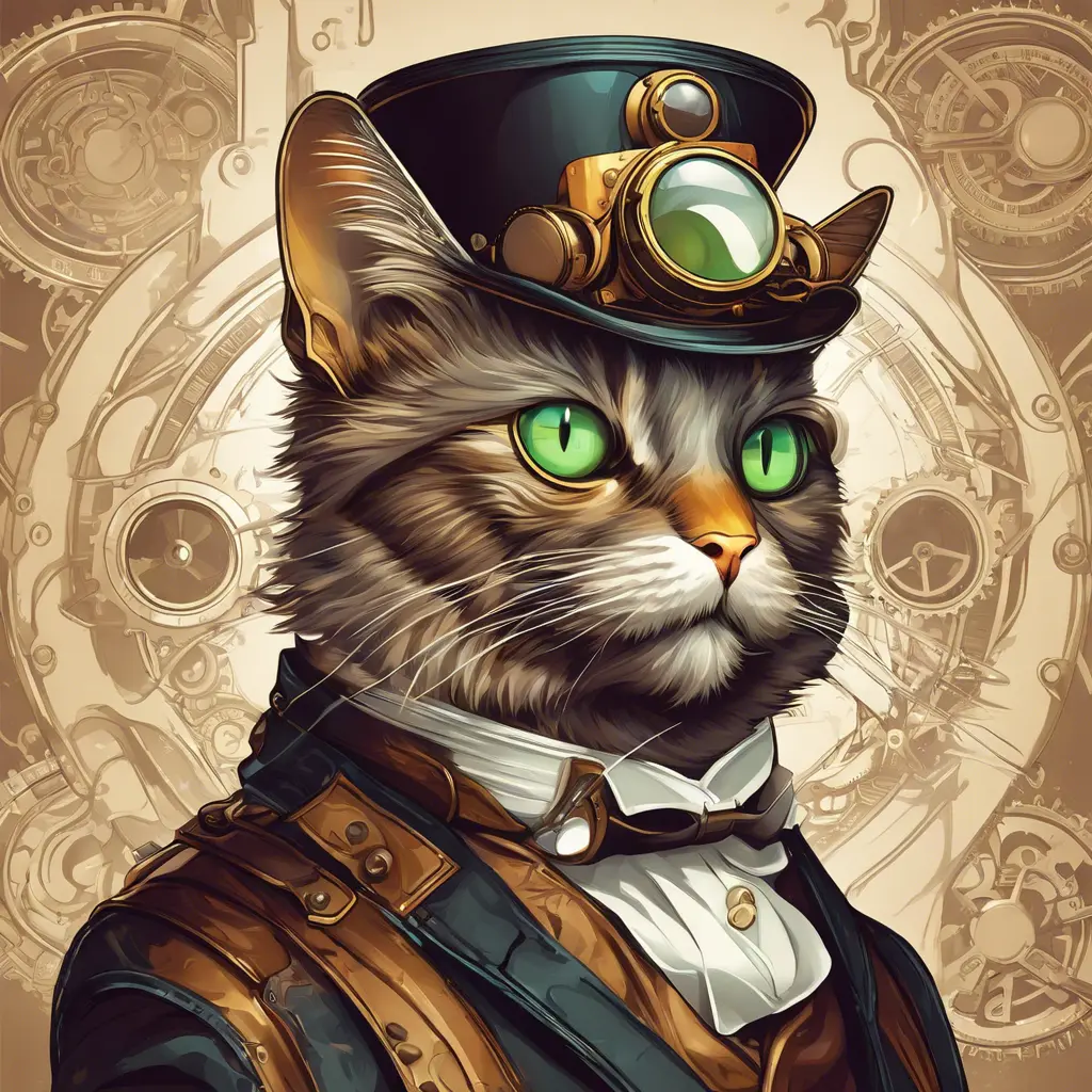 Steampunk portrait of a cat, clean vector, colorful illustration, inspired by future technology, Highly Detailed, Vintage Illustration, Steampunk, Smooth, Vector Art, Colorful by Stanley Artgerm Lau