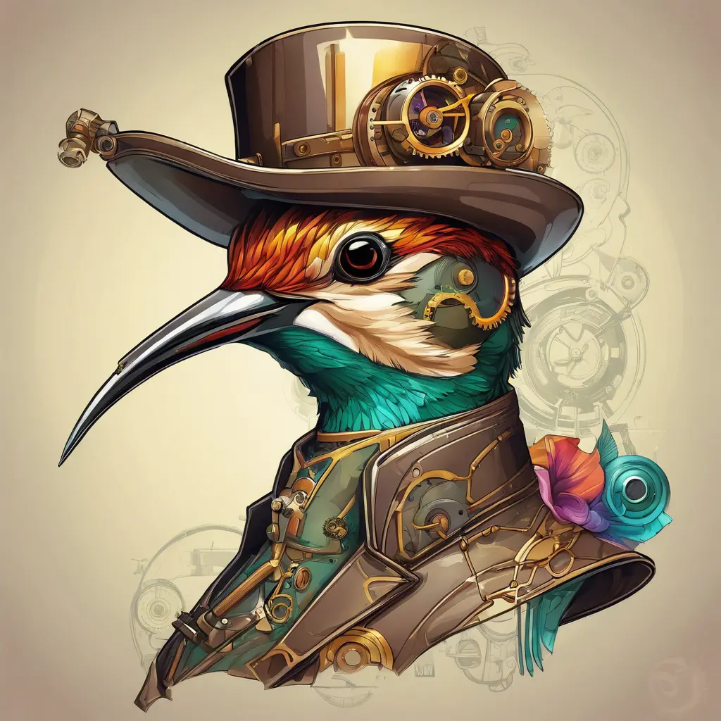 Steampunk portrait of a Humming Bird, clean vector, colorful illustration, inspired by future technology, Highly Detailed, Vintage Illustration, Steampunk, Smooth, Vector Art, Colorful by Stanley Artgerm Lau