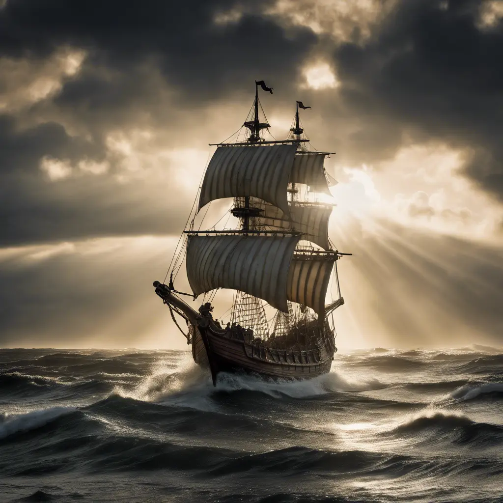 Pirate viking ship sailing north east in rough seas, Wide Angle, Crepuscular Rays