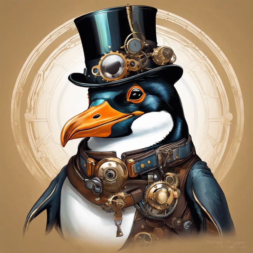 Steampunk portrait of a Penguin, clean vector, colorful illustration, inspired by future technology, Highly Detailed, Vintage Illustration, Steampunk, Smooth, Vector Art, Colorful by Stanley Artgerm Lau