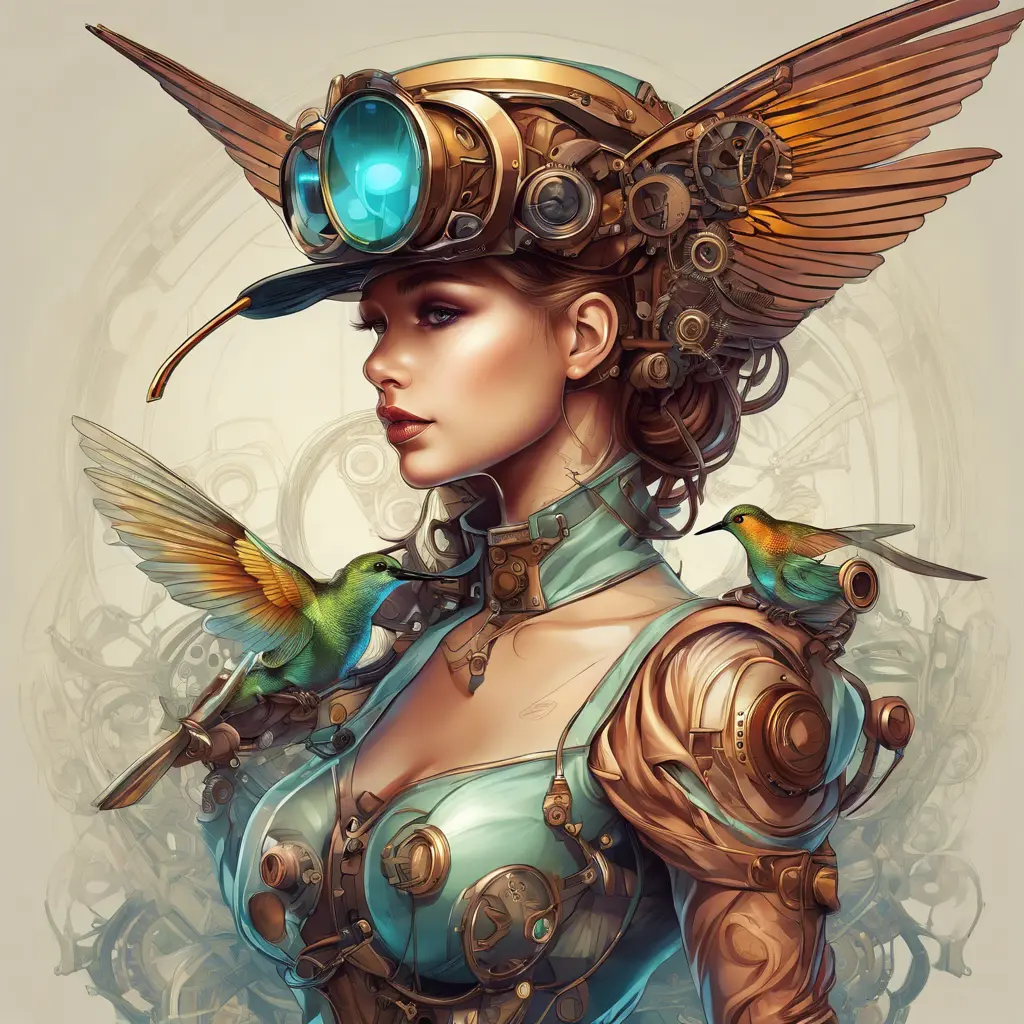 Steampunk portrait of a Humming Bird, clean vector, colorful illustration, inspired by future technology, Highly Detailed, Vintage Illustration, Steampunk, Smooth, Vector Art, Colorful by Stanley Artgerm Lau