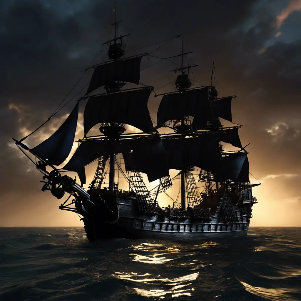 The pirates of Caribbean on the Black pearl pirate ship, 4k, Volumetric Lighting, Dark