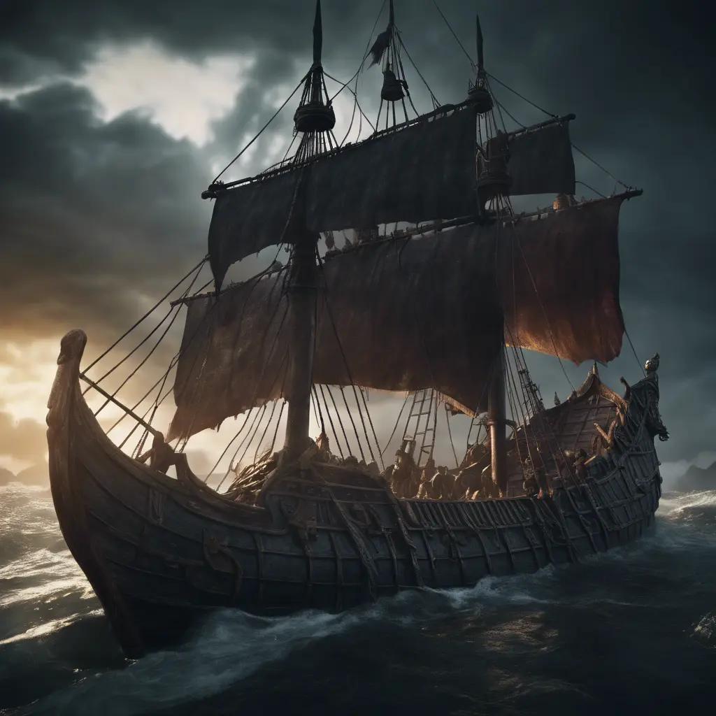 A Viking pirate ship in an epic fantasy scene , Atmospheric, Highly Detailed, Cinematic Lighting, Sharp Focus, Dark