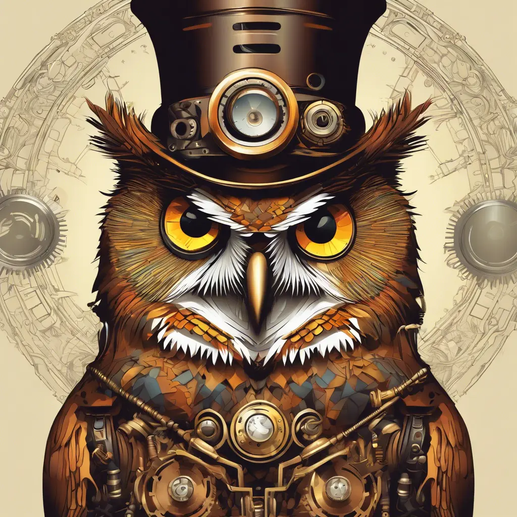 Steampunk portrait of an owl, clean vector, colorful illustration, inspired by future technology, Highly Detailed, Vintage Illustration, Steampunk, Smooth, Vector Art, Colorful