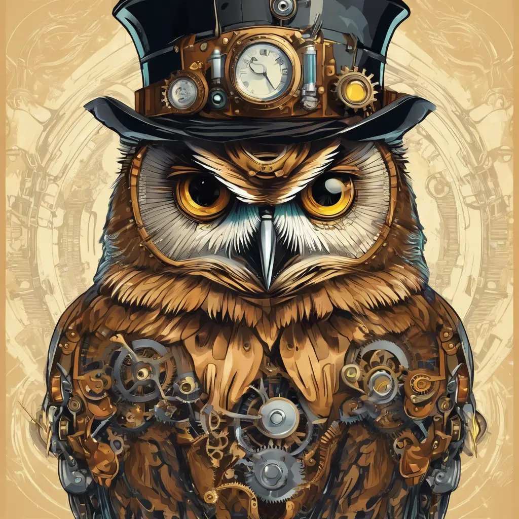 Steampunk portrait of an owl, clean vector, colorful illustration, inspired by future technology, Highly Detailed, Vintage Illustration, Steampunk, Smooth, Vector Art, Colorful