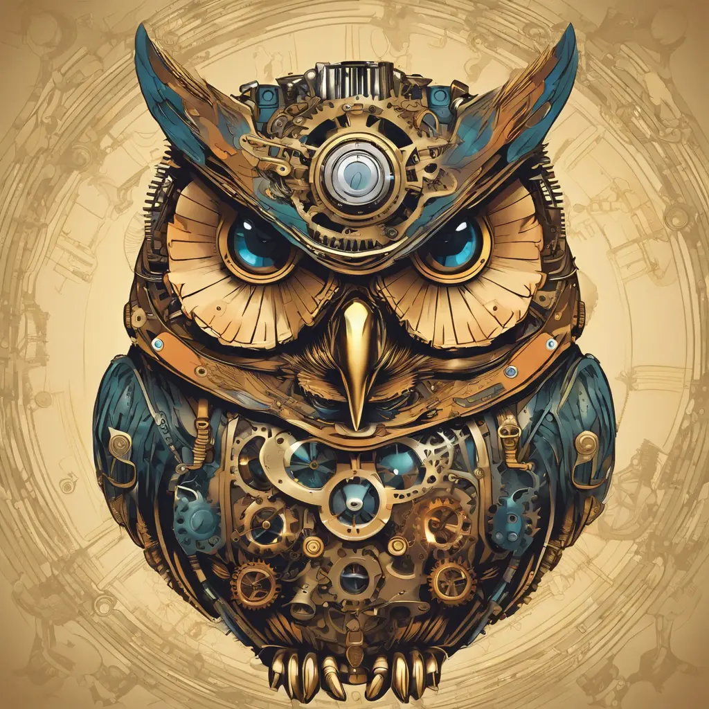 Steampunk portrait of an owl, clean vector, colorful illustration, inspired by future technology, Highly Detailed, Vintage Illustration, Steampunk, Smooth, Vector Art, Colorful