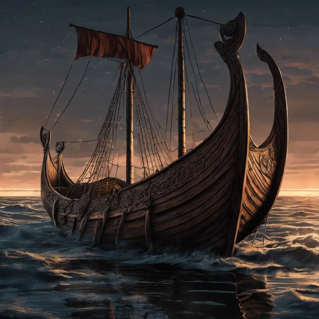 Viking ships in twightligts a lot viking on the deck illustration, Highly Detailed, Sharp Focus, Dark