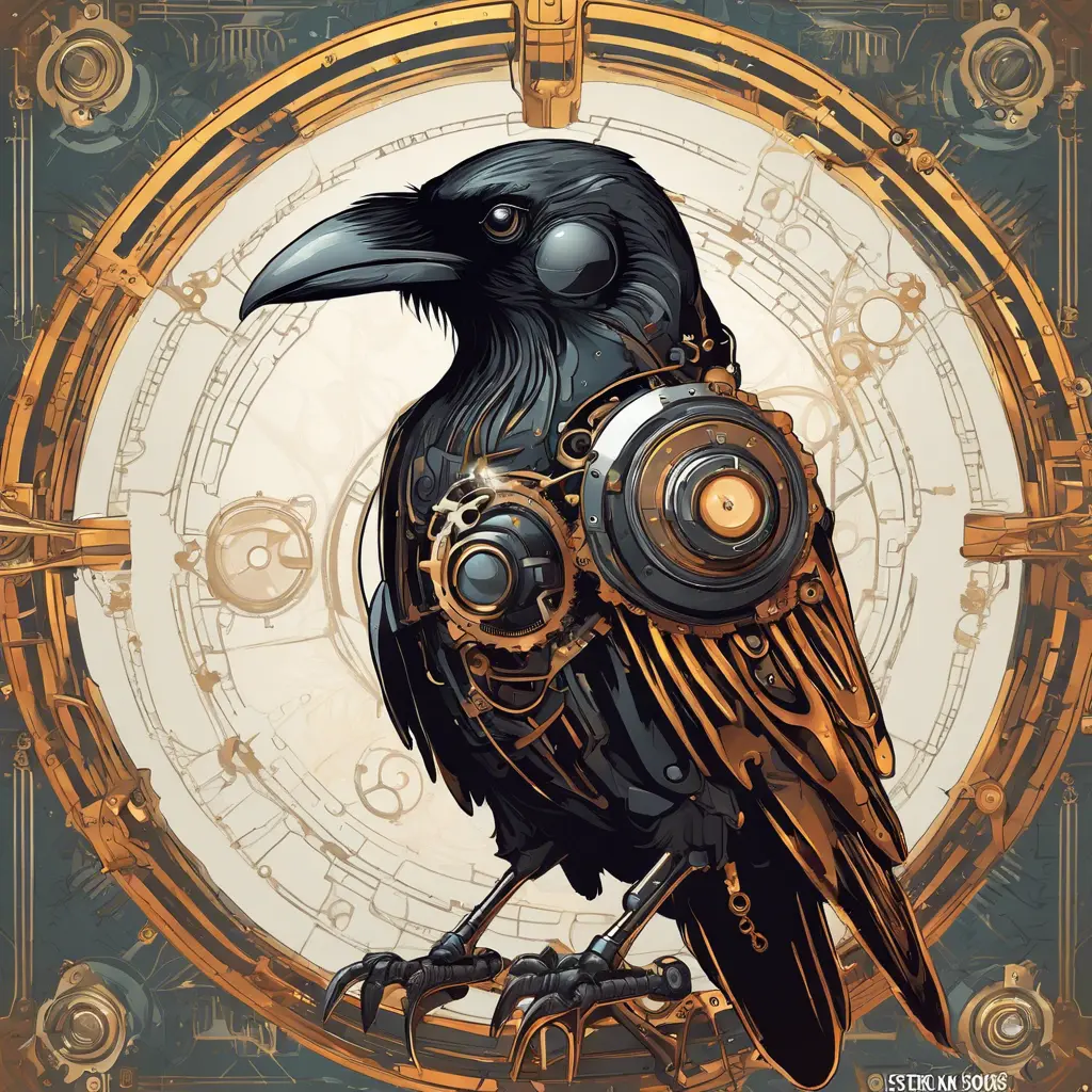 Steampunk portrait of a Raven, clean vector, colorful illustration, inspired by future technology, Highly Detailed, Vintage Illustration, Steampunk, Smooth, Vector Art, Colorful by Stefan Kostic