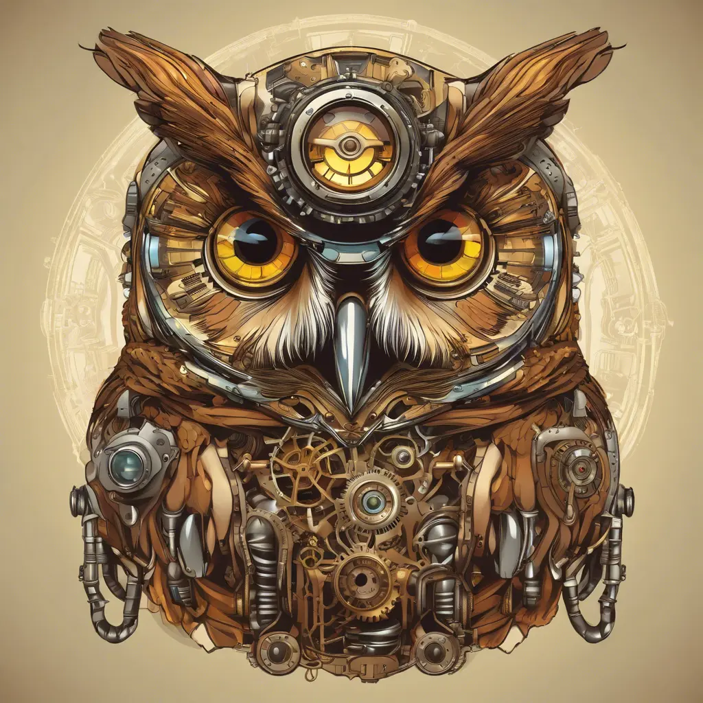 Steampunk portrait of an owl, clean vector, colorful illustration, inspired by future technology, Highly Detailed, Vintage Illustration, Steampunk, Smooth, Vector Art, Colorful