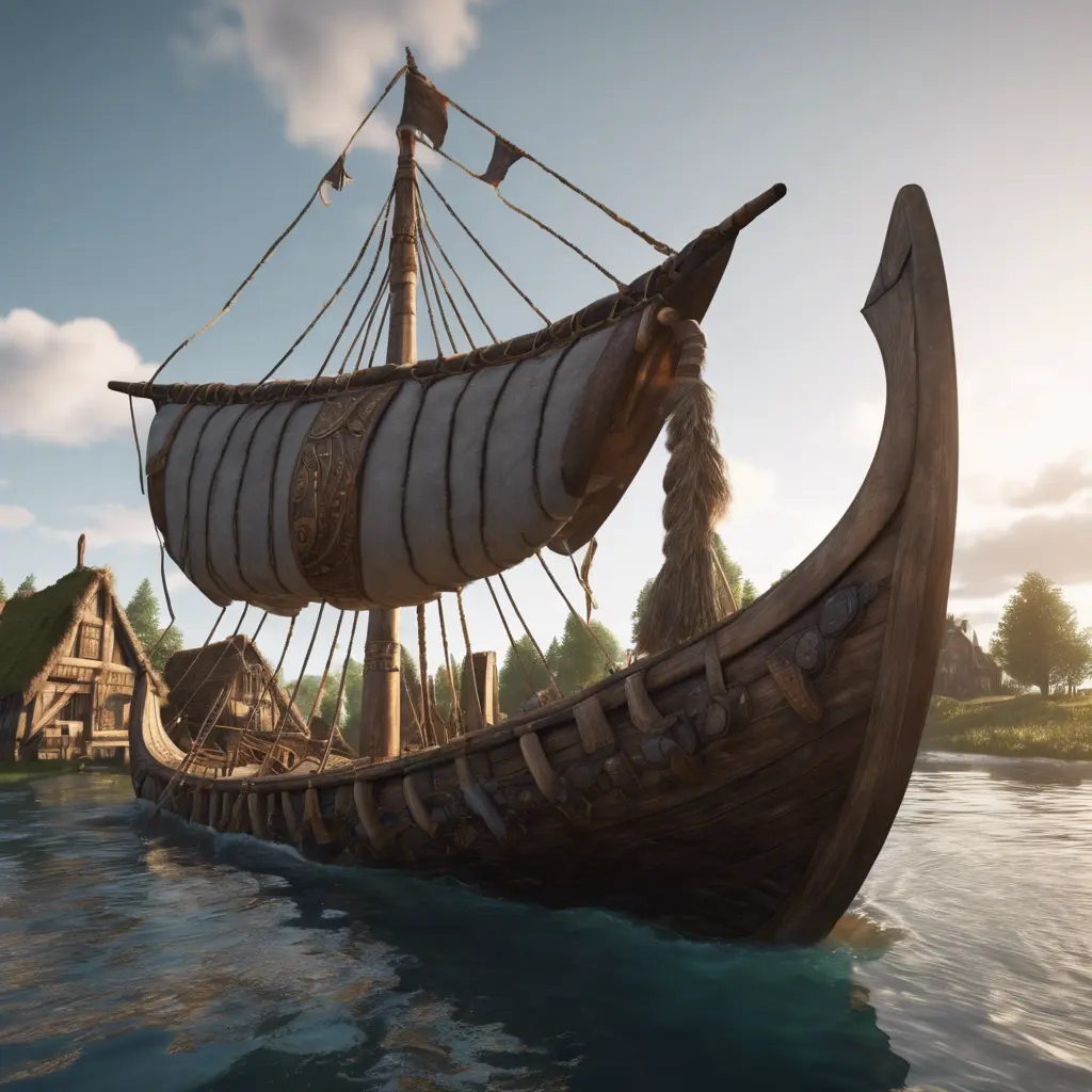 Valhalla viking ship, entering a viking village from the water, 4k, Ultra Detailed, Photo Realistic, Ray Tracing